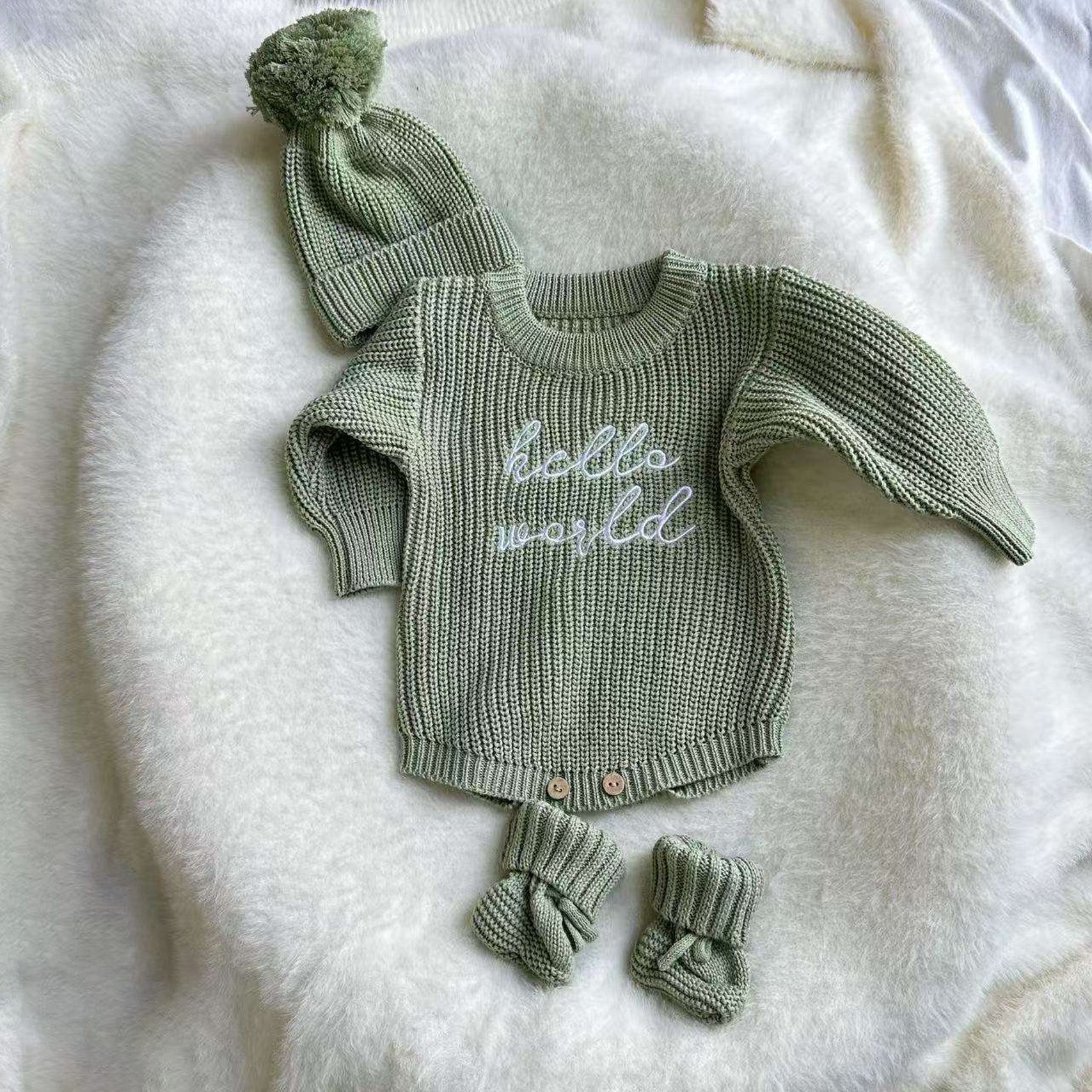 OEM Custom Baby Knitted Romper Newborn Matching Pomp Hat Baby Boy Girl Sweater Romper Outfits