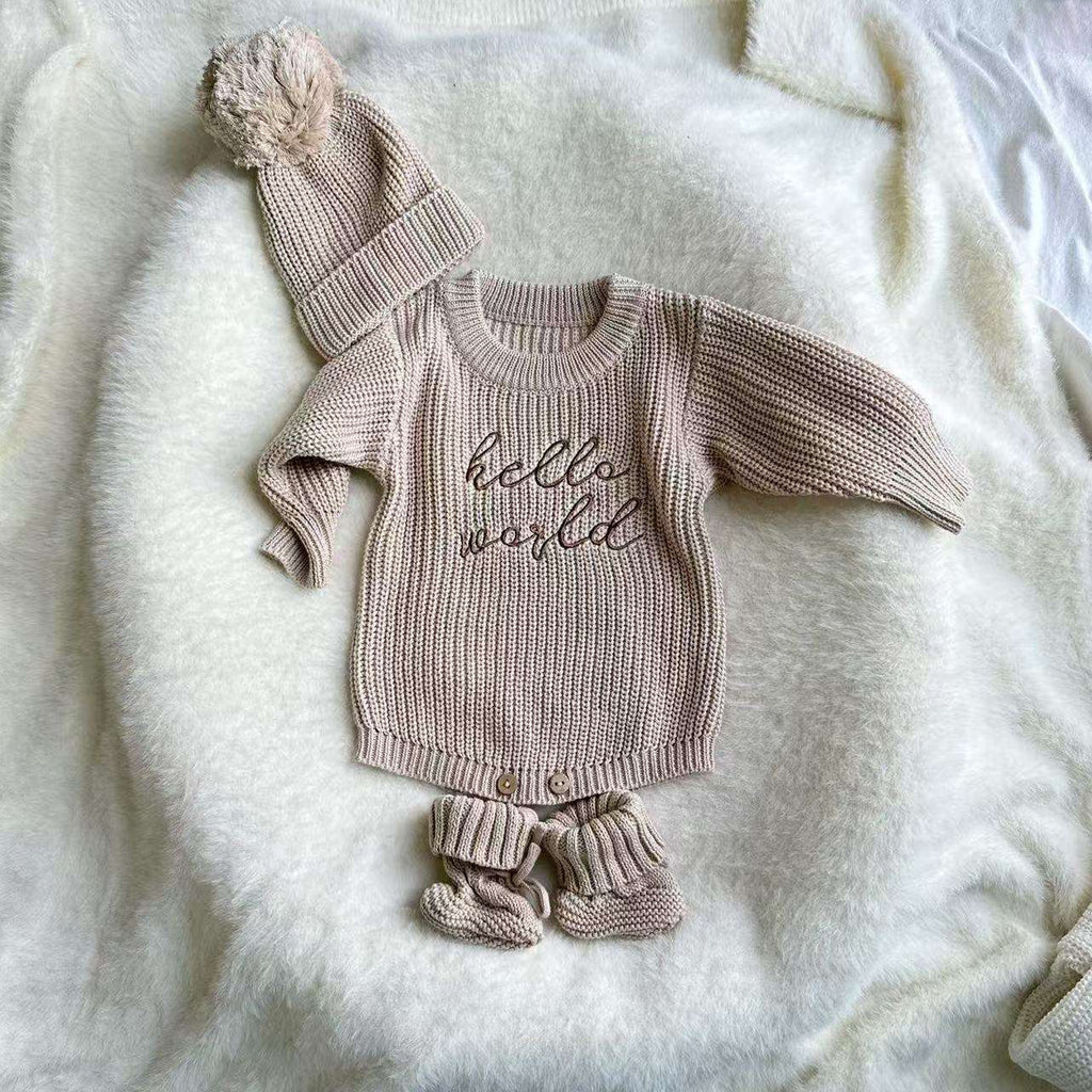 OEM Custom Baby Knitted Romper Newborn Matching Pomp Hat Baby Boy Girl Sweater Romper Outfits