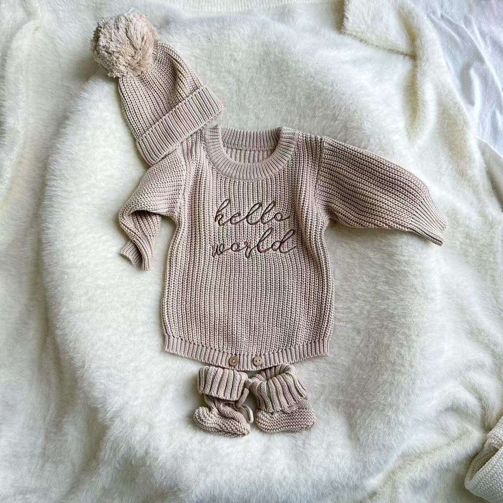 OEM Custom Baby Knitted Romper Newborn Matching Pomp Hat Baby Boy Girl Sweater Romper Outfits
