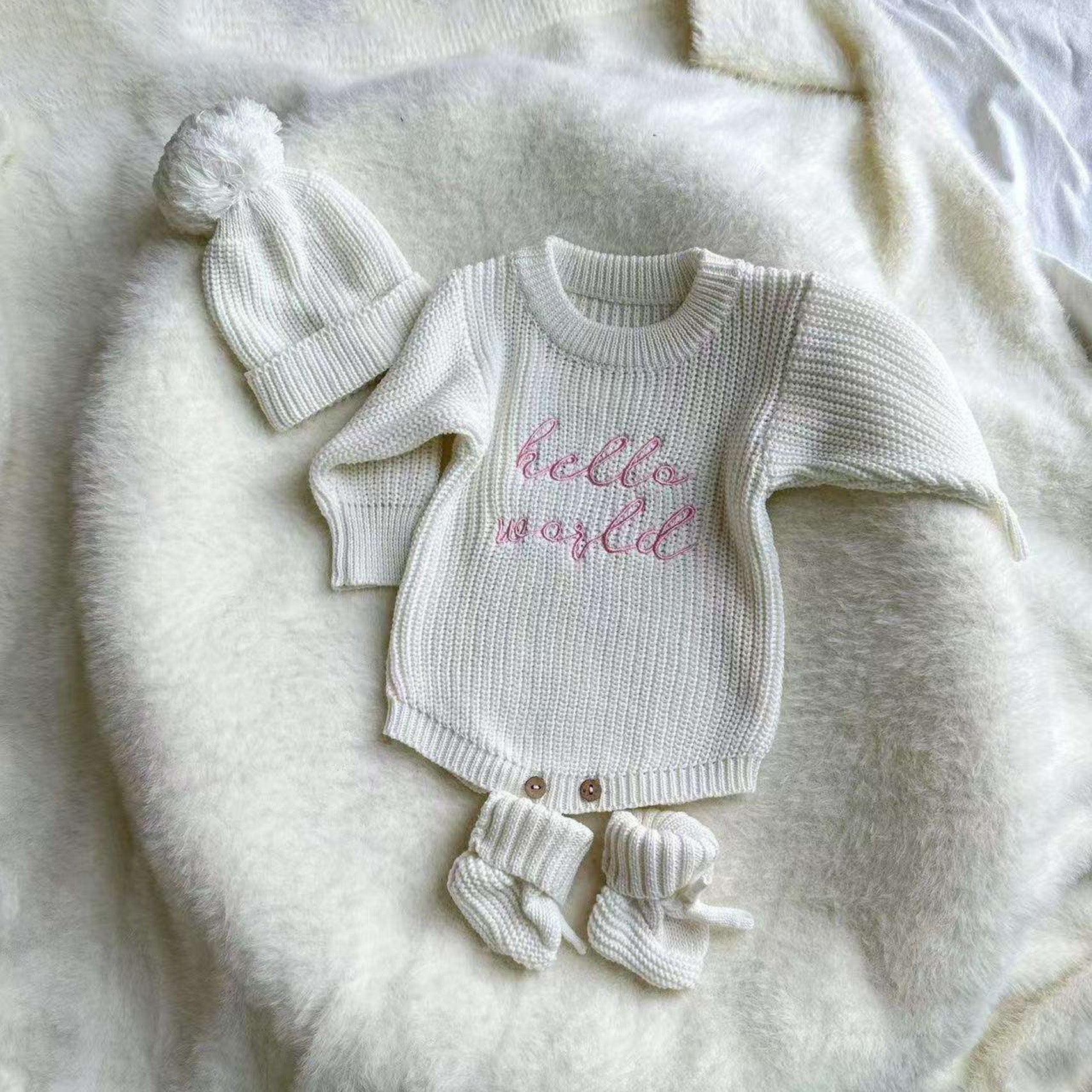 OEM Custom Baby Knitted Romper Newborn Matching Pomp Hat Baby Boy Girl Sweater Romper Outfits