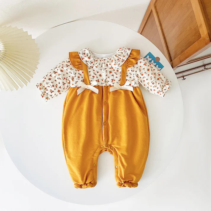 Baby Girl Ditsy Flower Pattern False Design Thickened Thermal Jumpsuit