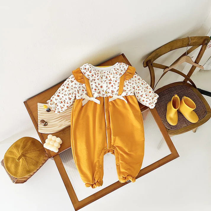 Baby Girl Ditsy Flower Pattern False Design Thickened Thermal Jumpsuit